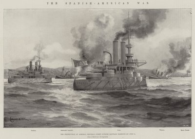 De Spaans-Amerikaanse Oorlog, de vernietiging van de vloot van admiraal Cervera buiten de haven van Santiago op 3 juli door Charles John de Lacy